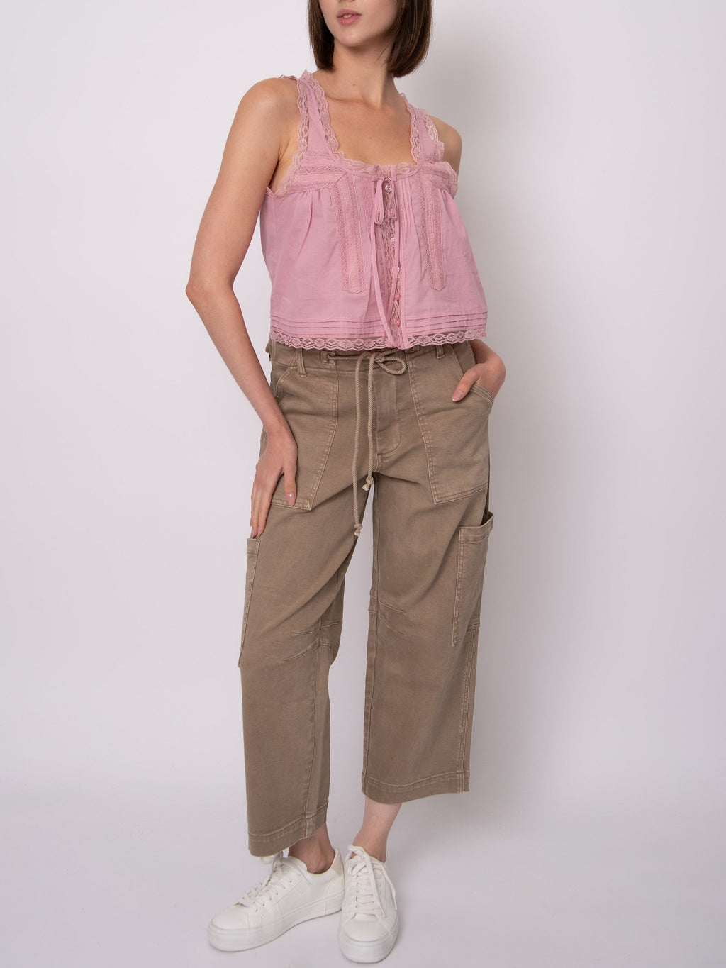 RD STYLE Alia Lace Trim Button Front Tank